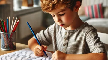DALL·E 2024-10-31 20.56.30 – A 6-year-old light-skinned boy focusing on improving reading and writing skills. He sits at a small desk with a notebook, carefully forming simple sen