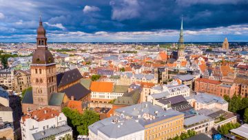 Beautiful aerial view of Riga, Latvia on a cloudy day