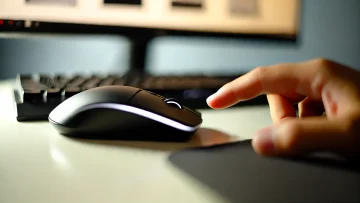 DALL·E 2024-09-06 11.16.29 – A close-up view of a computer mouse being clicked, showing a hand pressing down on the left button of the mouse. The mouse is placed on a clean desk w