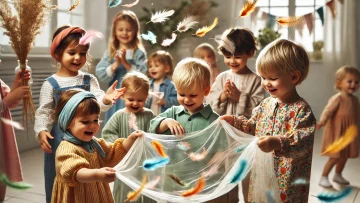 DALL·E 2024-12-21 15.04.36 – A realistic photograph of children around 3 years old, all with light European complexions, playing with a transparent scarf in their hands. The scarf