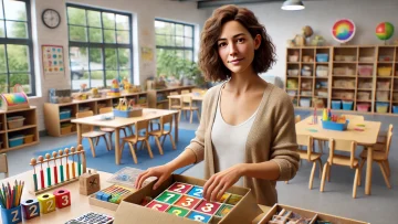 DALL·E 2024-12-30 17.53.09 – A highly realistic scene in a bright kindergarten classroom. In the foreground, a natural-looking, fair-skinned woman with casual attire and a warm ex