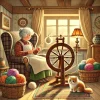 ‘s book showing a kind grandmother sitting in a comfortable armchair, spinning wool into yarn using a tradi