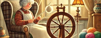 ‘s book showing a kind grandmother sitting in a comfortable armchair, spinning wool into yarn using a tradi