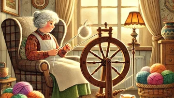 ‘s book showing a kind grandmother sitting in a comfortable armchair, spinning wool into yarn using a tradi