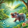 ‘s illustration in a storybook style, depicting a cheerful hippopotamus drinking water from a serene river in a lush