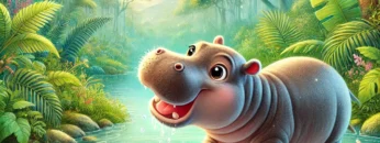 ‘s illustration in a storybook style, depicting a cheerful hippopotamus drinking water from a serene river in a lush