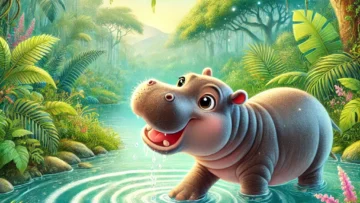 ‘s illustration in a storybook style, depicting a cheerful hippopotamus drinking water from a serene river in a lush