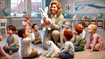 DALL·E 2025-02-01 16.45.11 – A highly detailed and realistic image of a kindergarten classroom where a female teacher, of European descent, is holding a plush white hare toy in he