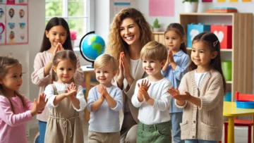 DALL·E 2025-02-04 23.45.25 – A group of light-skinned young children with their teacher in a kindergarten classroom, performing a song with gestures. The children are rubbing thei