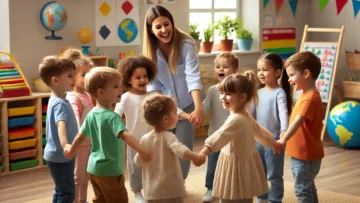 DALL·E 2025-02-05 00.17.54 – A group of light-skinned young children with their teacher in a kindergarten classroom, performing a song with gestures. The children are holding hand