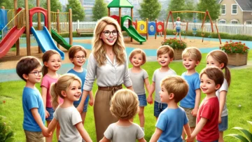 DALL·E 2025-02-06 17.39.13 – A realistic, high-quality photograph-style illustration depicting a group of light-skinned four-year-old children and their female teacher in a playgr