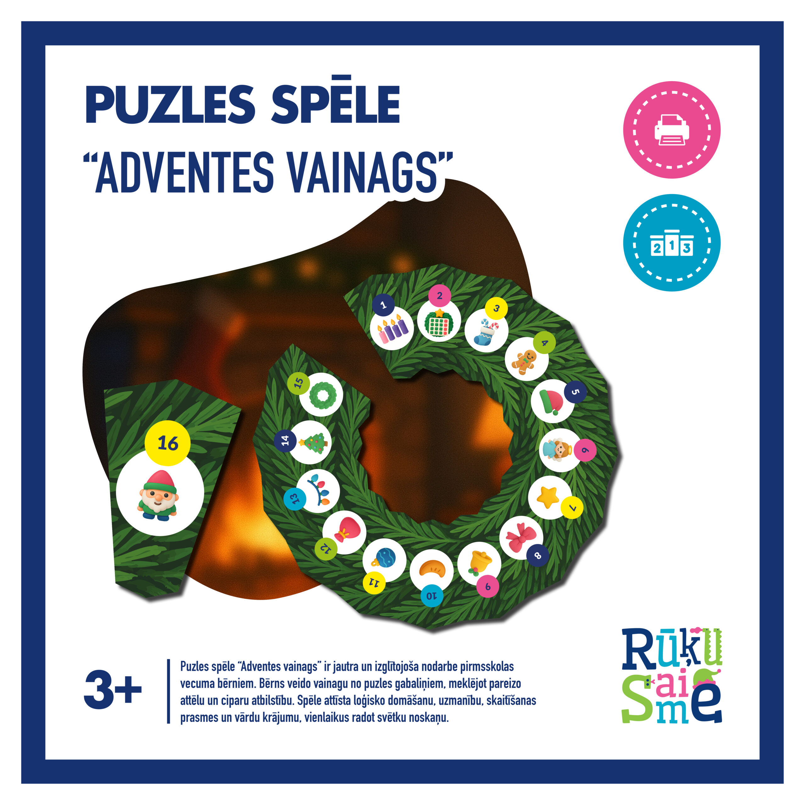 Puzles spēle Adventes vainags ar vainaga gabaliņiem un attēliem bērniem