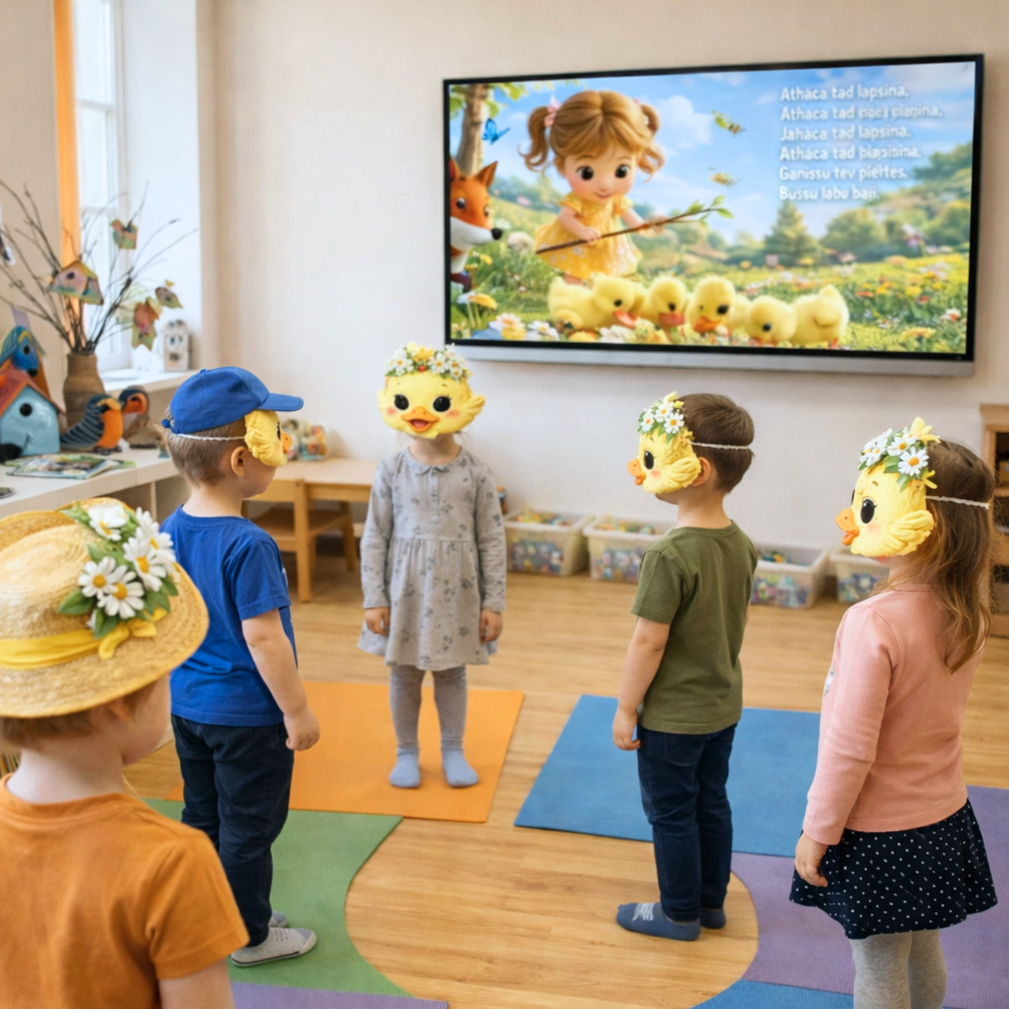 Bērni piedalās kustību rotaļā ar matemātikas elementiem pirmsskolā