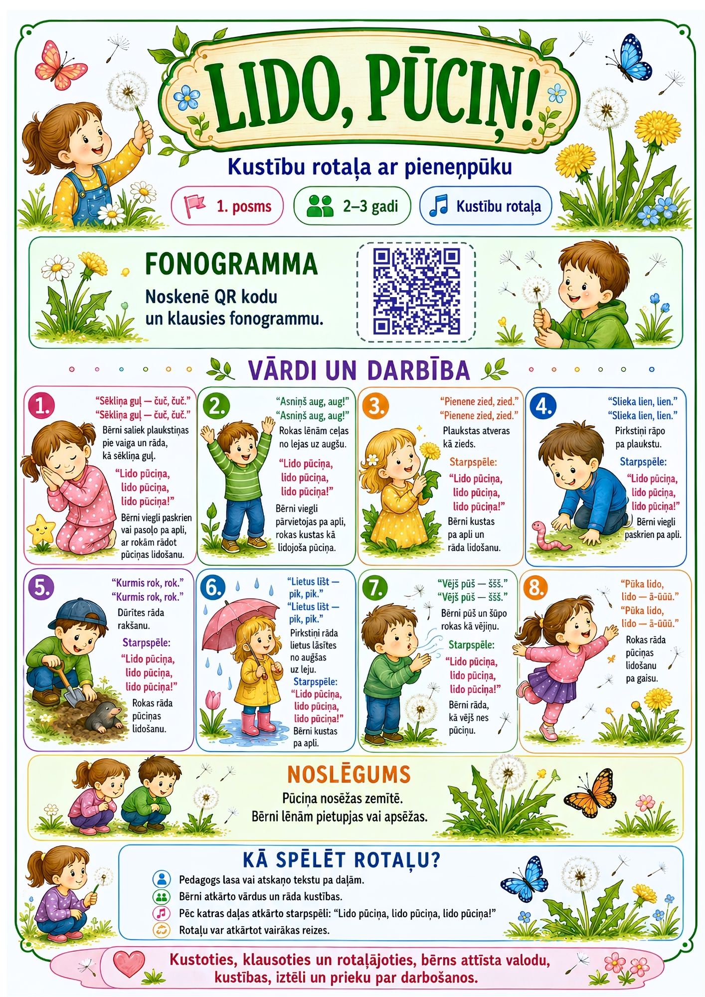 Lido, pūciņ! kustību rotaļa ar pienenpūku pirmsskolai