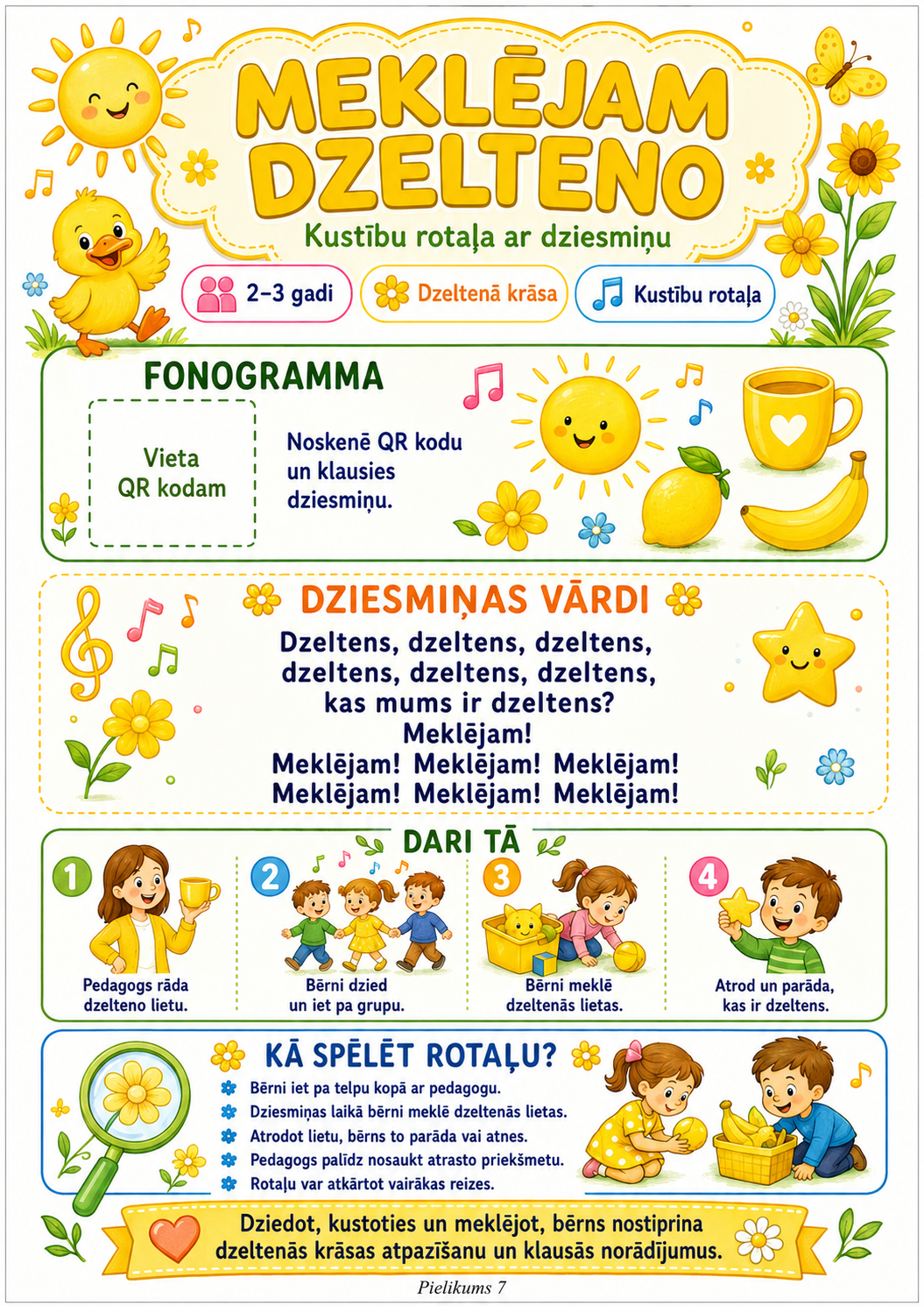 Kustību rotaļas Meklējam dzelteno vizualizācija bērniem un pedagogam