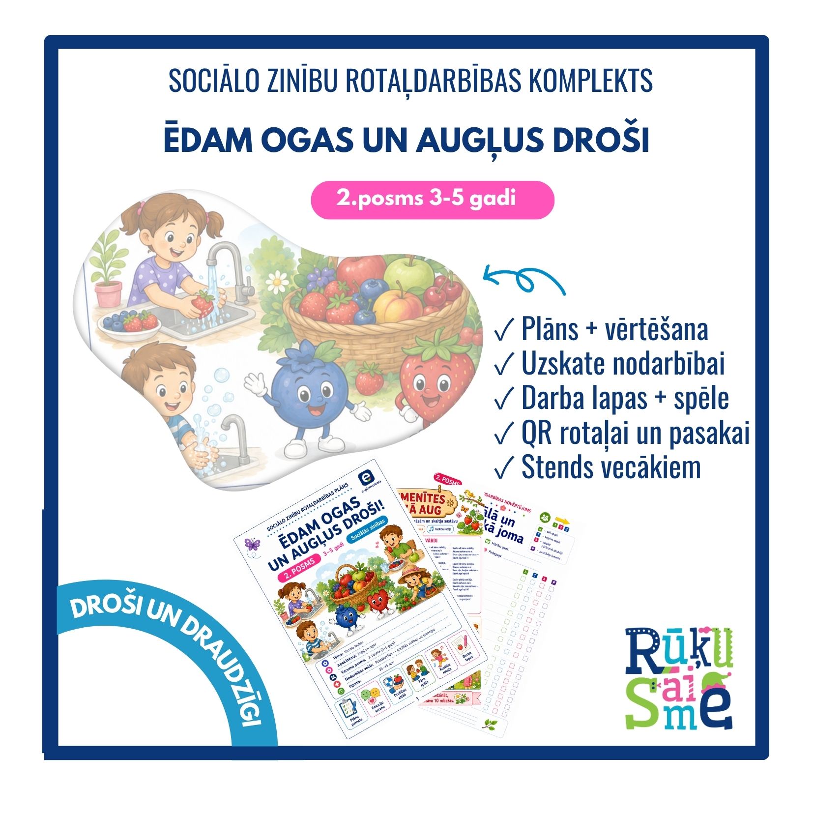 Ēdam augļus un ogas droši l Sociālo zinību rotaļdarbības komplekts bērniem 3-5 gadi