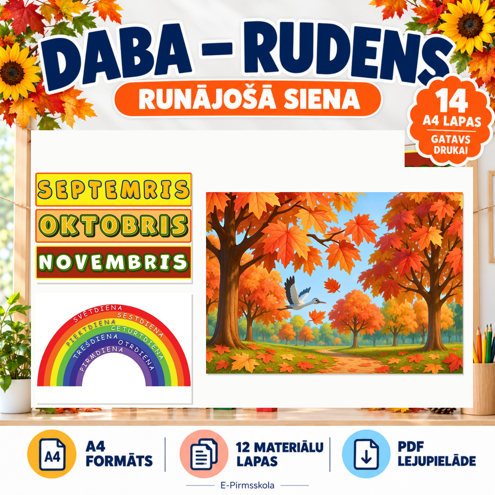 Runājošā siena Daba – Rudens: rudens mēneši, dabas attēls un nedēļas dienas; 14 A4 lapu PDF.