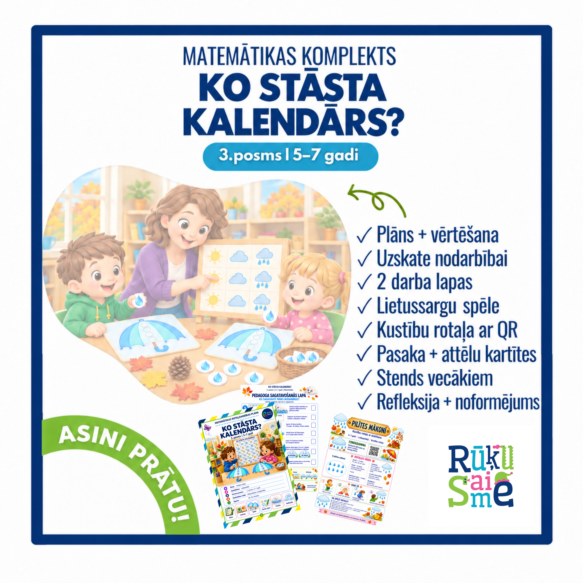 Matemātikas komplekta «Ko stāsta kalendārs?» vāks 5–7 gadiem ar vienmērīgu uzrakstu «ASINI PRĀTU!» uz zaļā loka.