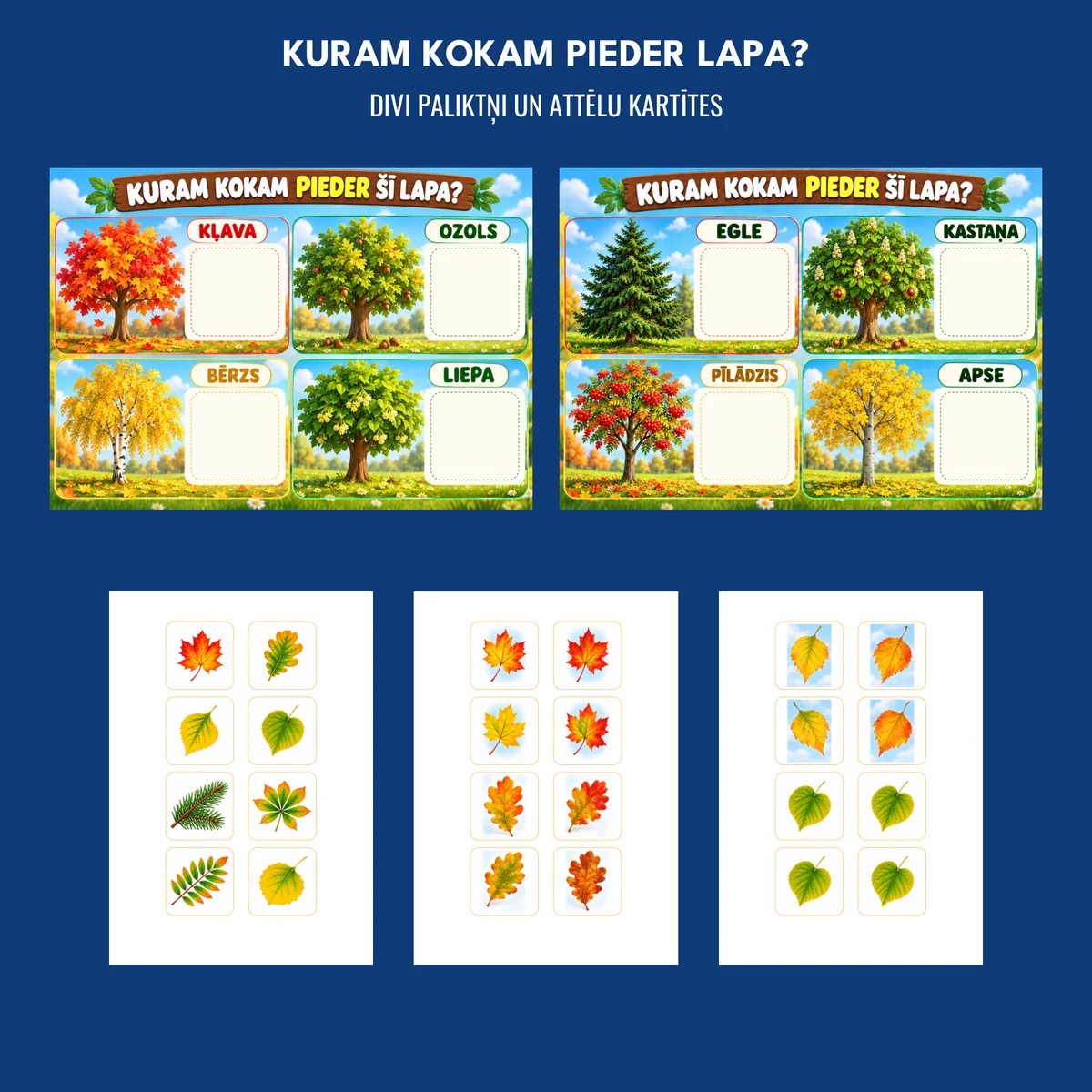 Divi spēles “Kuram kokam pieder lapa?” palikņi un trīs lapu attēlu kartīšu lapas.