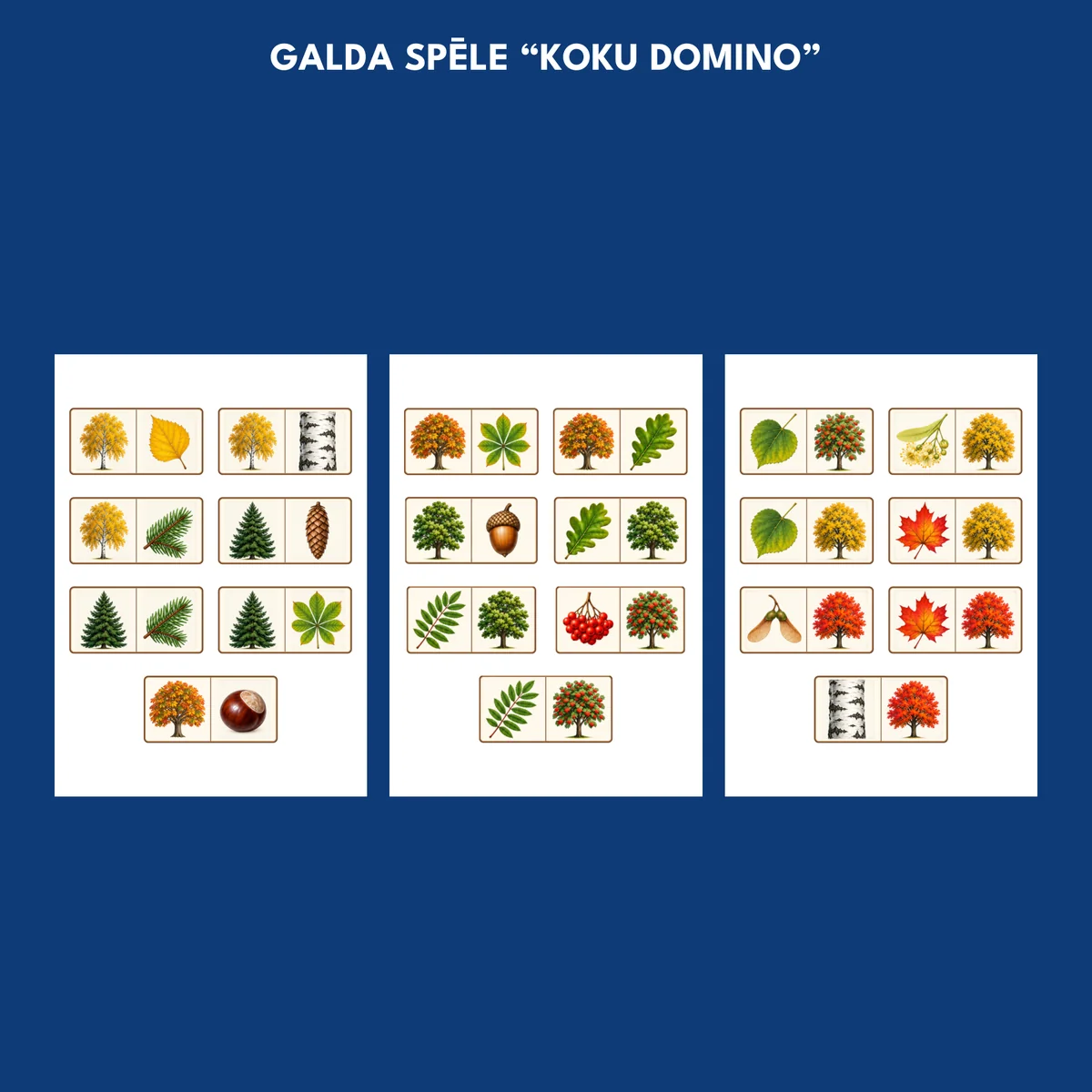 Galda spēles “Koku domino” 21 kauliņš trīs lapās.