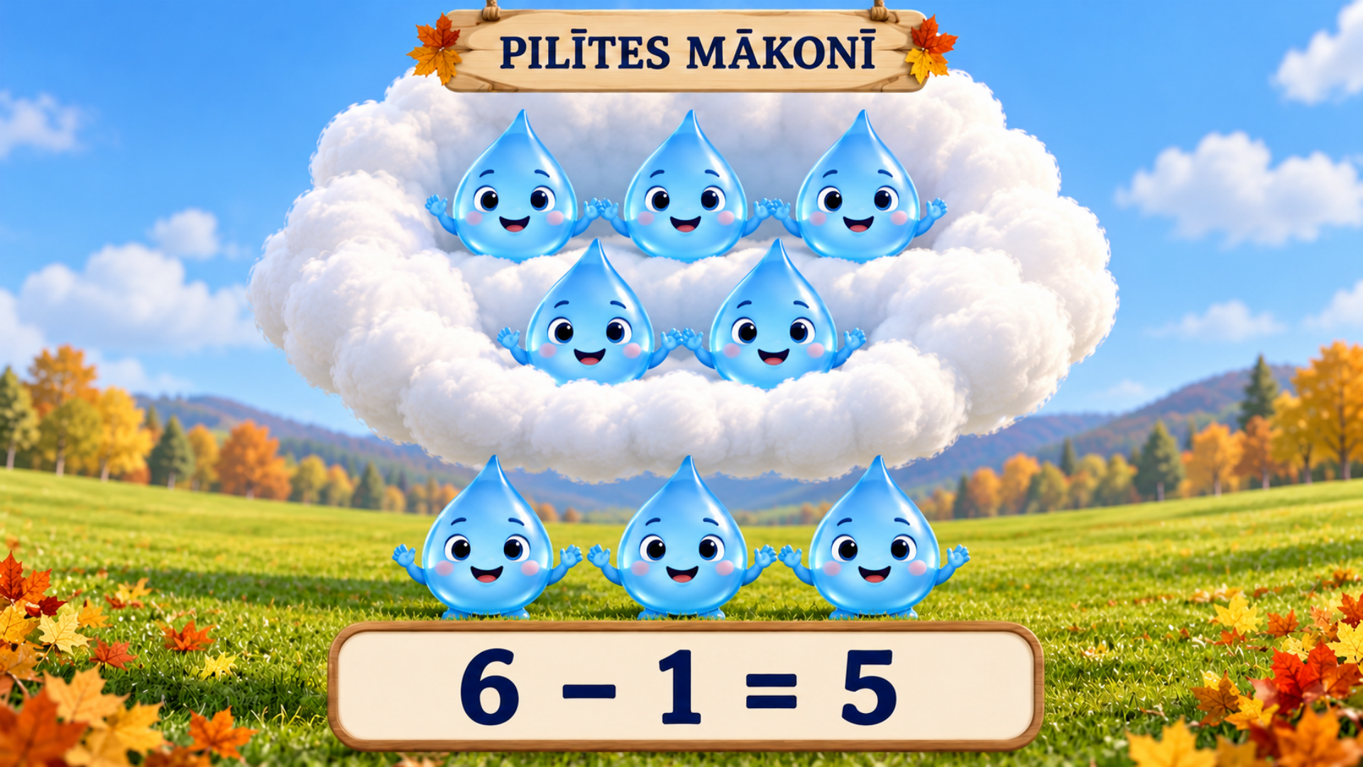 6 mīnus 1 ir 5: piecas pilītes mākonī, trīs uz zemes
