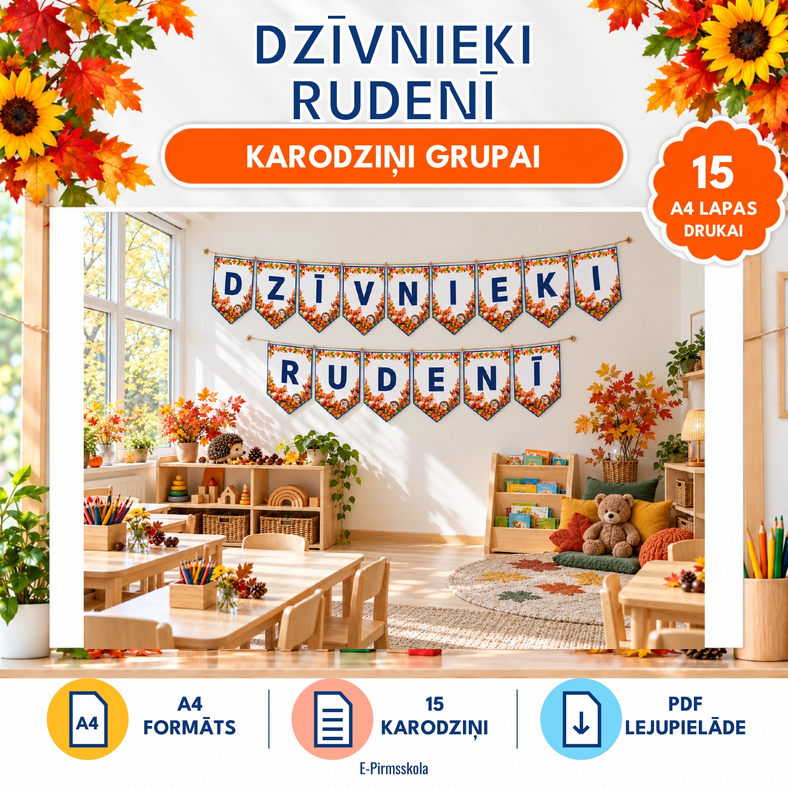 Karodziņi DZĪVNIEKI RUDENĪ bērnudārza grupā — 15 drukājamas A4 PDF lapas