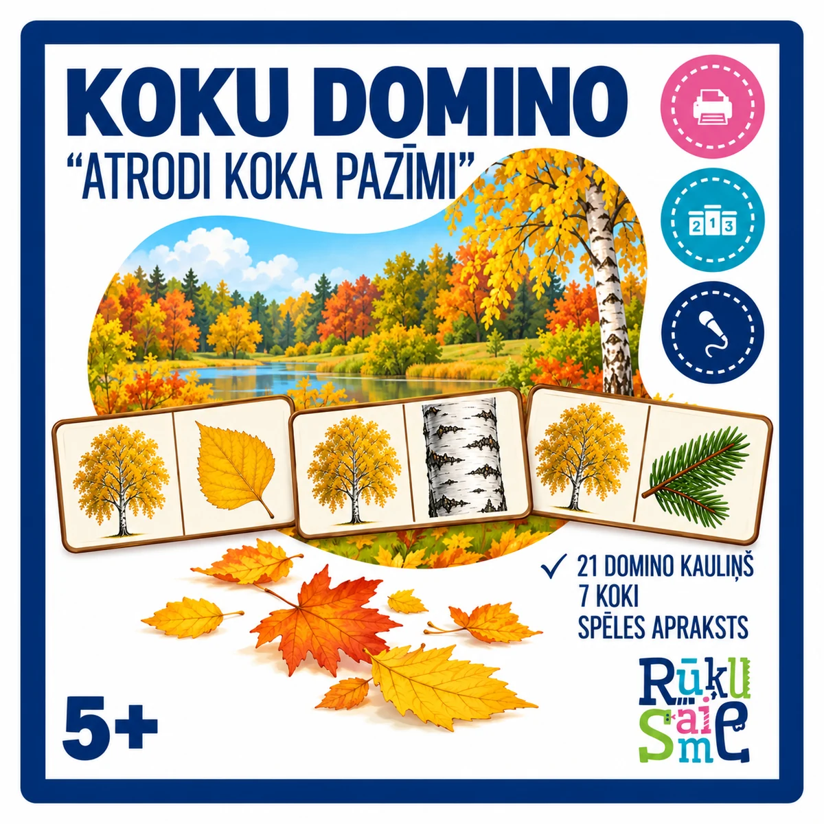 Koku domino spēles vāks ar trim īstajiem domino kauliņiem, 21 kauliņa norādi un vecumu 5+