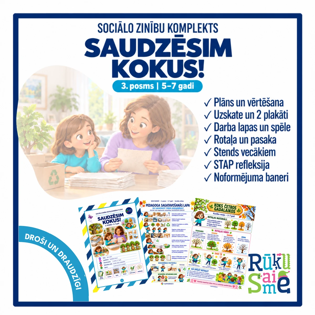 Saudzēsim kokus! Sociālo zinību komplekta vāks 5–7 gadiem ar plānu, uzskatēm, spēli un pasaku.