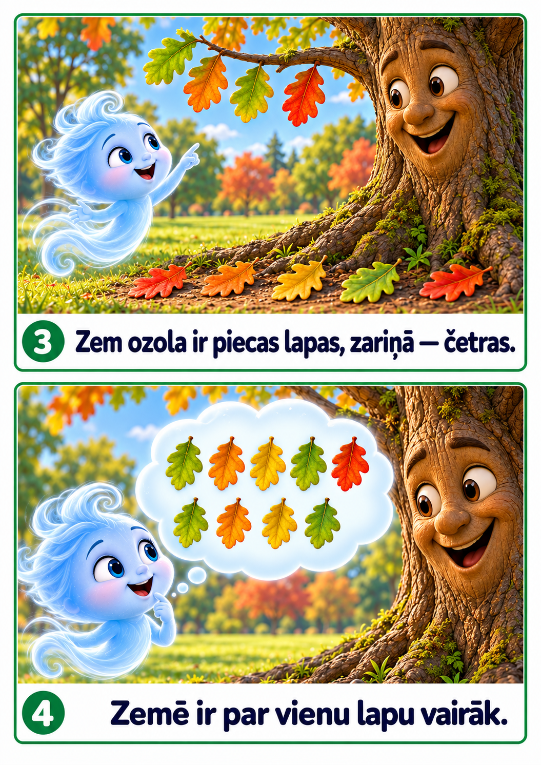 Zem ozola ir piecas lapas, zariņā — četras.
