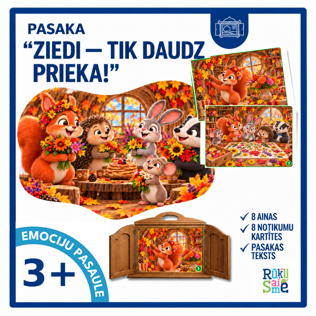 Ziedi — tik daudz prieka! Kamišibai pasakas komplekts bērniem 3–5 gadiem