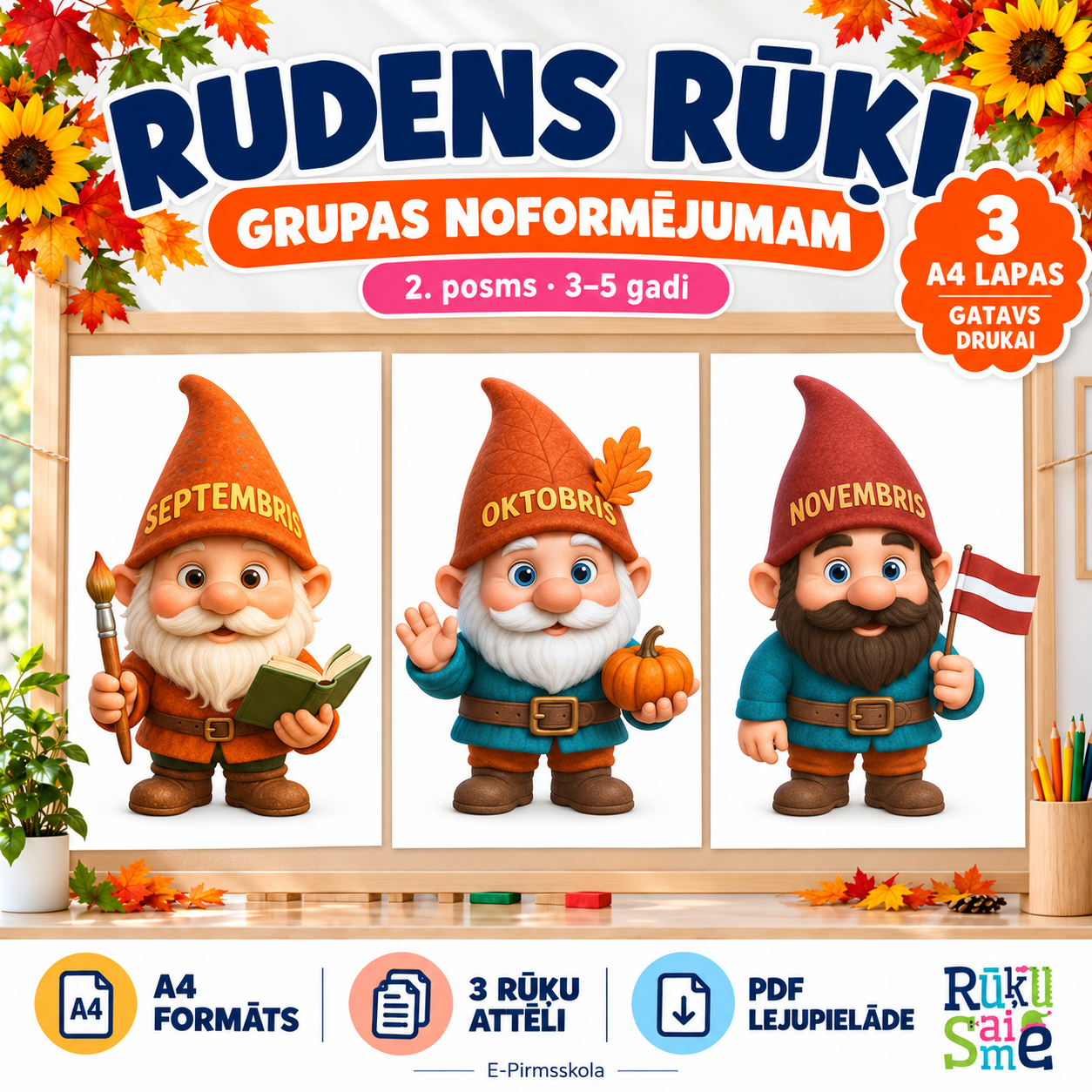 Septembra, oktobra un novembra rūķi — trīs A4 attēli grupas noformējumam, 2. posms, 3–5 gadi